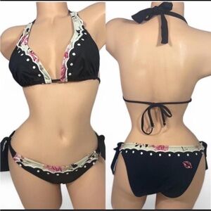 Betsey Johnson Black and Floral Bikini Set Retro Vtg Gypsy Rose Solid And Floral